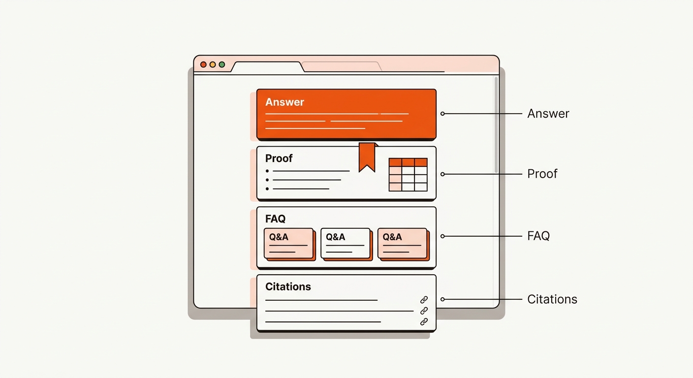 Minimalist vector hero showing an annotated web page with four stacked sections—Answer, Proof, FAQ, and Citations—highlighting the Answer block in orange and labeling each block with clean callouts.