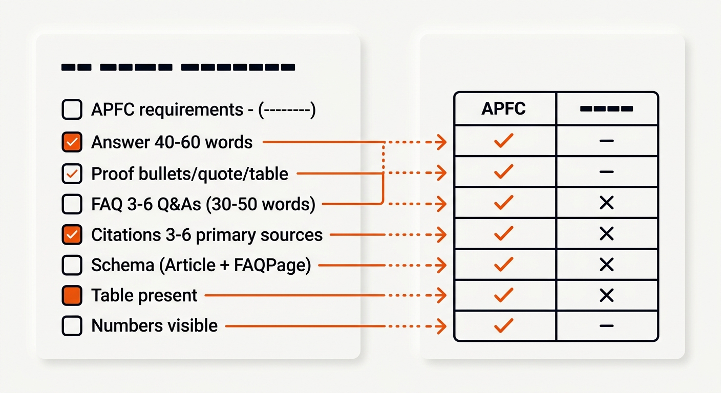 Minimalist vector split view with an editor’s APFC checklist on the left and a two-column comparison table on the right, connected by dotted lines to show how each requirement is verified.