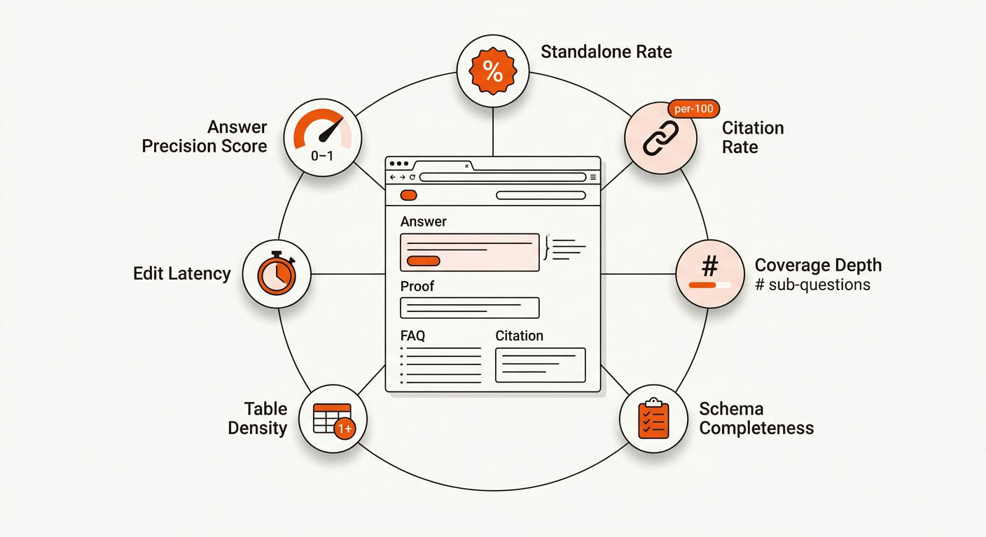 Vector diagram of an AEO page with callouts linking to seven metrics—Answer Precision, Standalone Rate, Citation Rate, Coverage Depth, Schema Completeness, Table Density, and Edit Latency—arranged in a ring around the page.