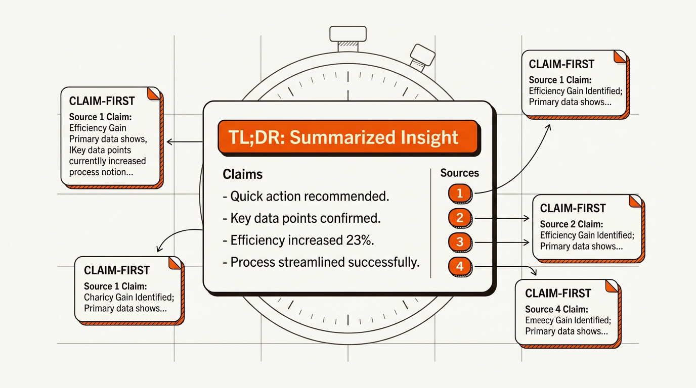Minimalist vector hero showing a generic AI answer panel with a TL;DR and four annotated, numbered source slots connected to mini source cards, in orange, near-black, and off-white.
