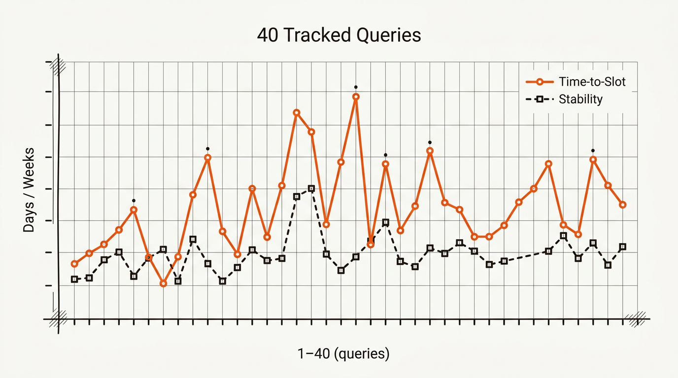 Minimalist vector two-line chart for 40 tracked queries showing Time-to-Slot as a solid orange line and Stability as a near-black dashed line on an off-white background with simple axes and legend.