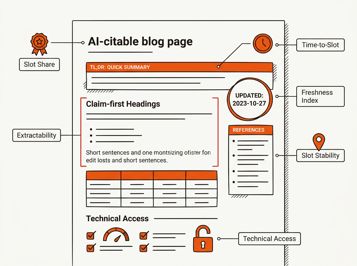 Vector wireframe of an AI-citable page with TL;DR, claim-first sections, a compact table, and an Updated date, annotated with callouts for Slot Share, Extractability, Freshness Index, Time-to-Slot, Slot Stability, and Technical Access.