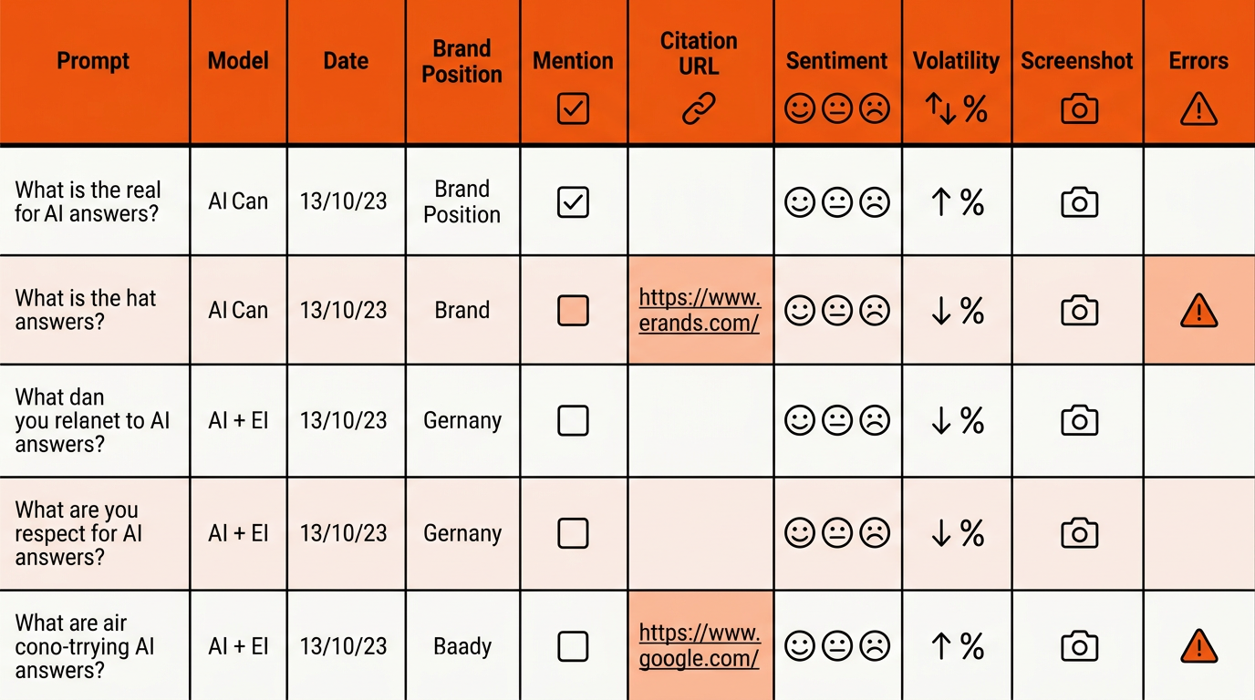 Minimal vector table showing a logging schema with columns for Prompt, Model, Date, Brand Position, Mention, Citation URL, Sentiment, Volatility, Screenshot, and Errors, using ink lines and orange highlights for citations and alerts.