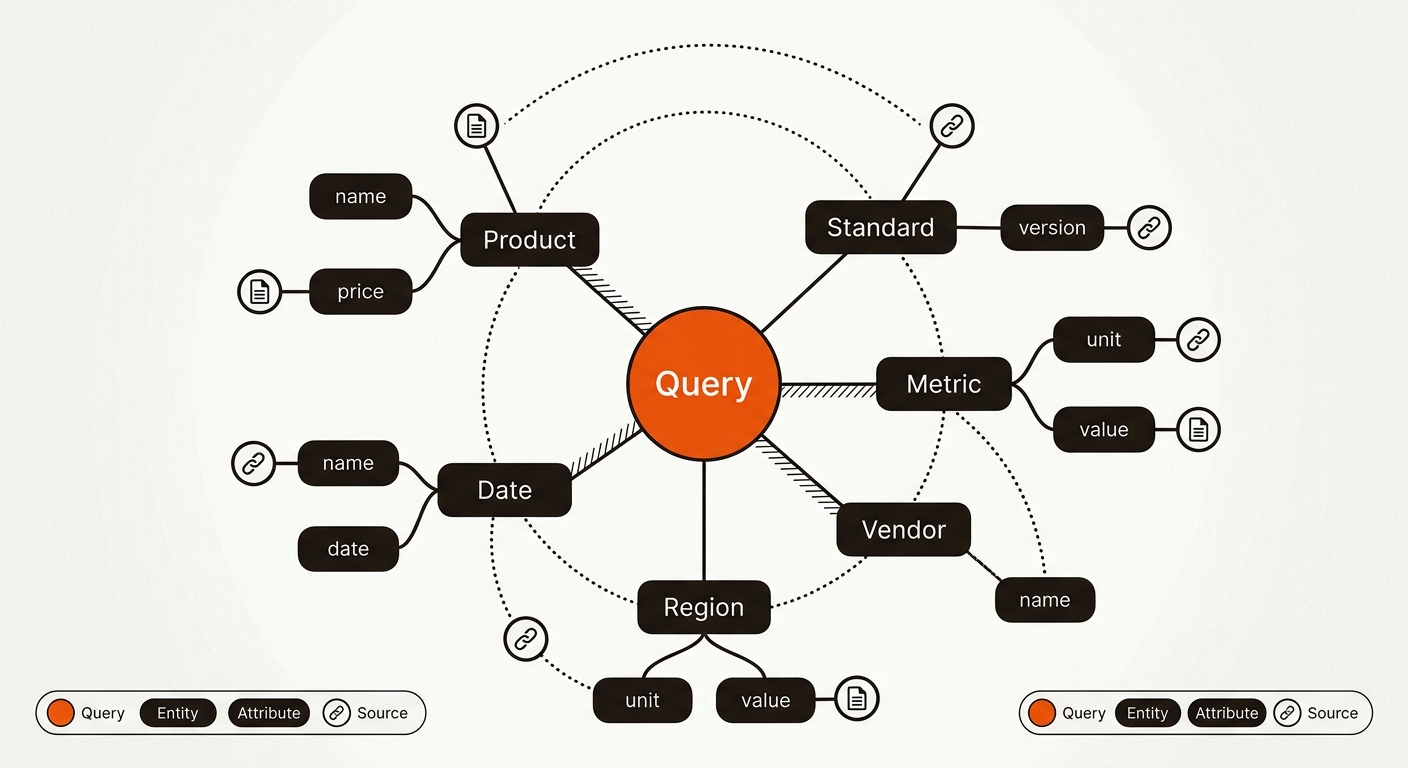 Radial entity map showing a central query linked to entities, their attributes, and nearby primary source nodes, rendered in orange, charcoal, and off-white.