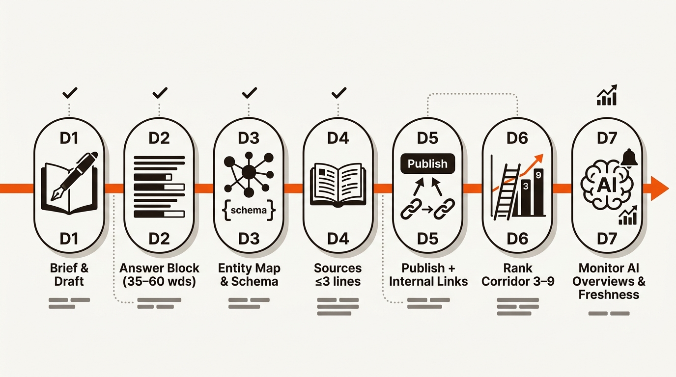 Horizontal seven-day timeline showing steps from drafting and answer block creation to publishing and monitoring AI Overview citations, in brand colors.