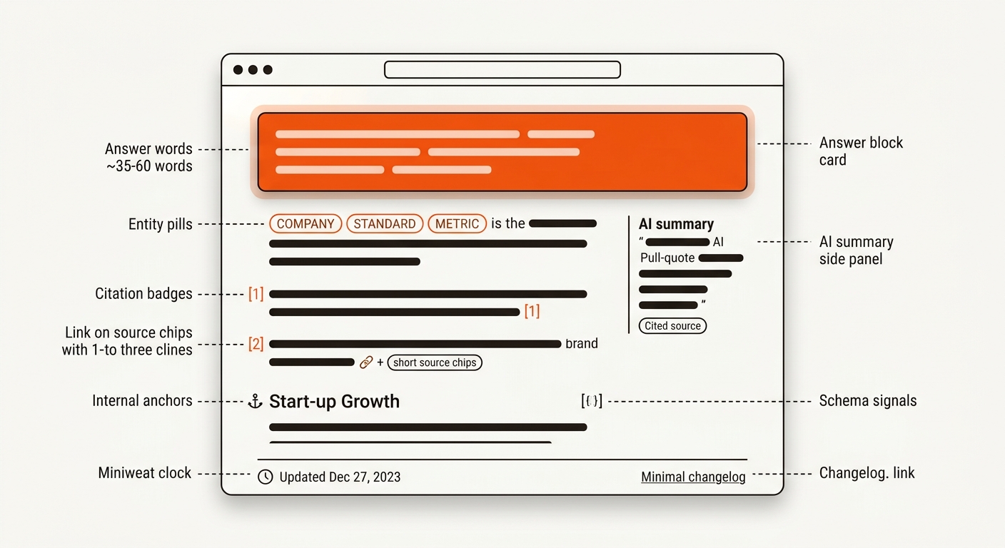 Above-the-fold webpage mockup with a highlighted answer block, entity callouts, inline citations, and an updated timestamp, styled in orange, charcoal, and off-white.