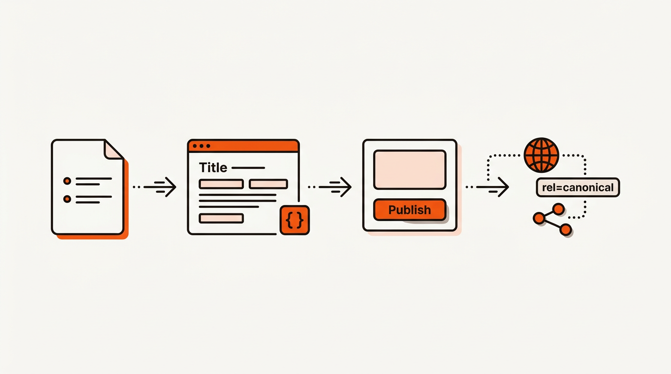 Minimal vector hero of an automated flow from brief to content editor to CMS publish, ending in QA signals for sitemap, canonicals, and internal links in brand orange, black, and off-white.