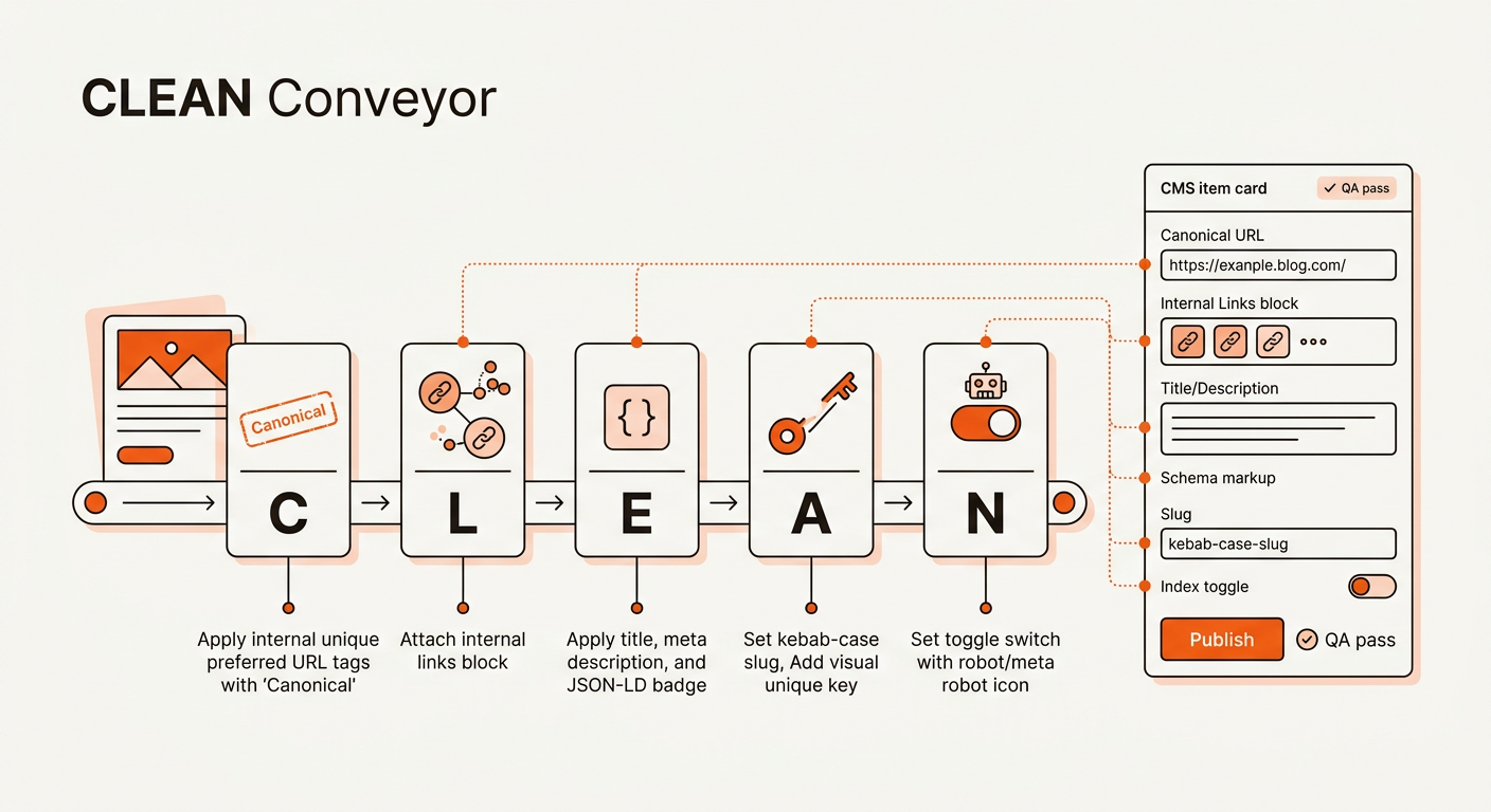 Minimal vector diagram of the CLEAN Conveyor showing Canonical, Links, Entity meta, Addressable slugs, and Noindex stations feeding corresponding fields on a CMS item with a publish action.