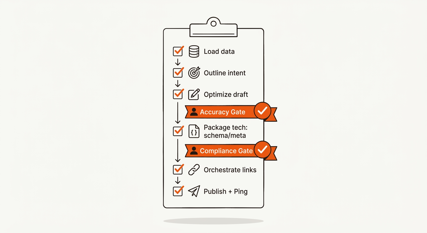 Minimalist vector vertical checklist of the LOOP‑6 steps with two highlighted human QA gates—Accuracy and Compliance—inserted across the flow.