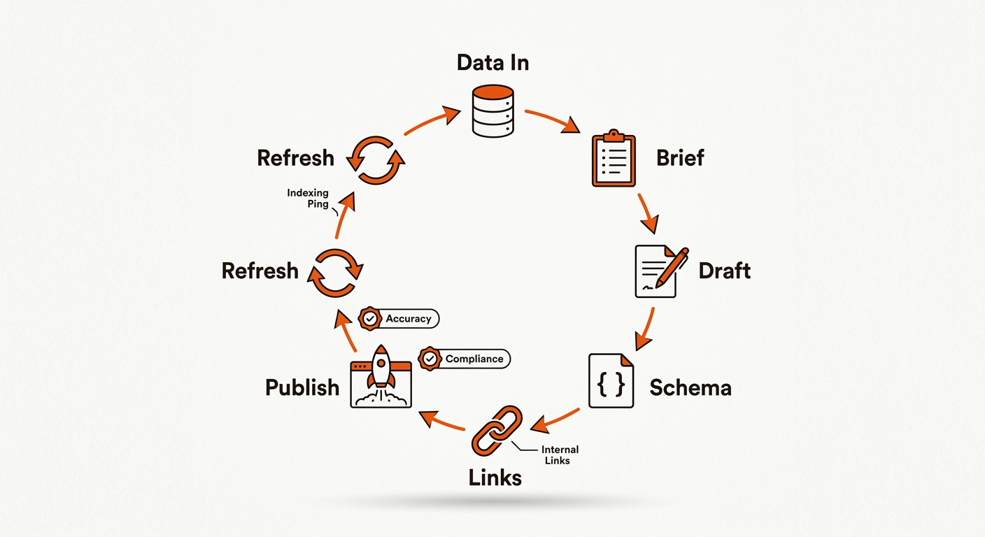 Minimalist vector diagram of a circular AI SEO pipeline with stages Data In, Brief, Draft, Schema, Links, Publish, and Refresh, highlighted in brand orange with near‑black outlines on an off‑white background.
