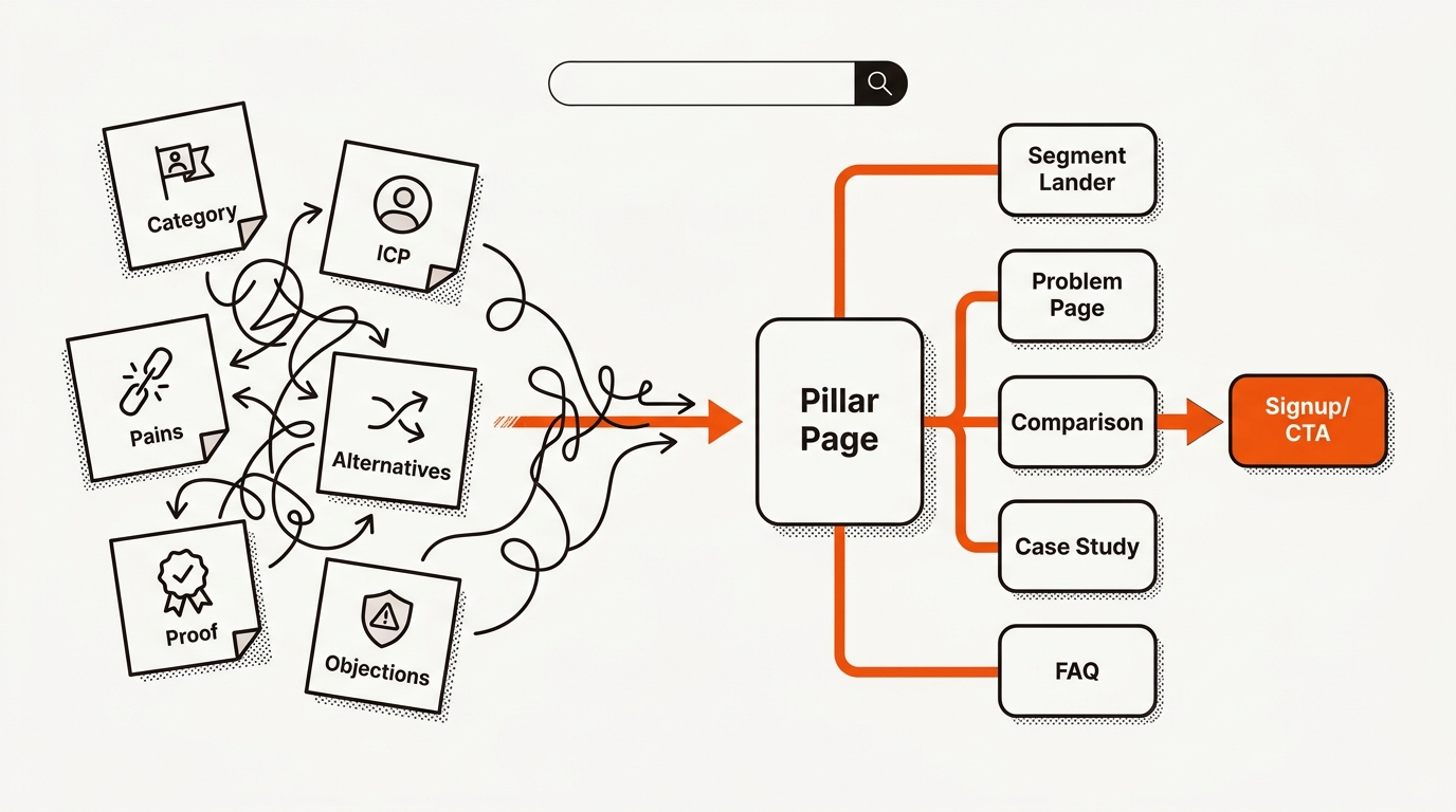 Minimalist vector hero showing sticky notes transforming into a structured SEO site map with a central pillar page and a clear path to signup, in brand orange, near-black lines, and off-white background.