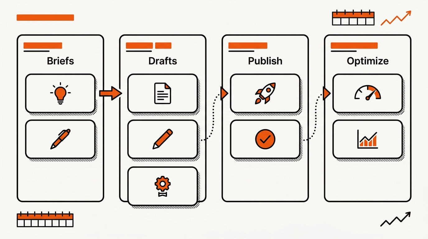 Minimalist vector Kanban board with columns for briefs, drafts, publish, and optimize, showing cards progressing right with orange arrows and subtle analytics cues.