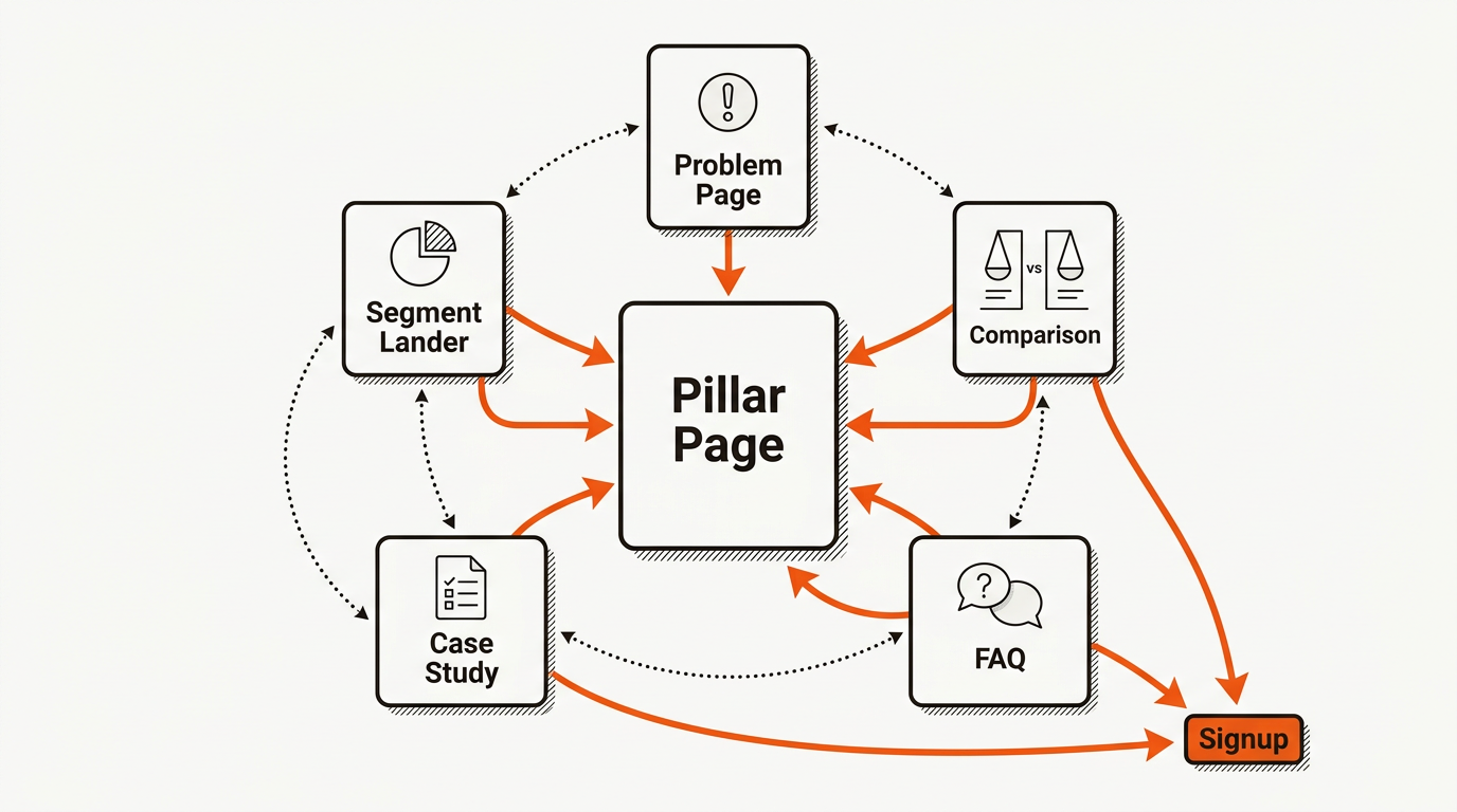 Vector diagram of a content cluster with support pages linking into a central pillar page and each also linking to a signup button, arrows highlighted in brand orange.