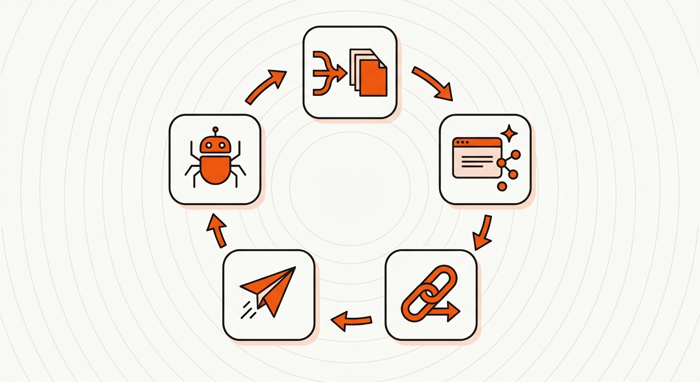 Minimalist circular workflow showing five SEO steps—crawl, dedupe, titles/entities, internal links, and publish—with orange icon tiles and black ink outlines on an off-white background.