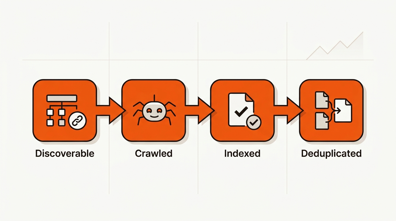 Minimalist vector flow diagram showing a URL moving from discoverable to crawled to indexed to deduplicated, with bold orange nodes and black ink outlines on an off-white background.