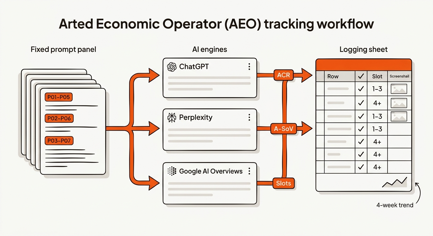 A left-to-right flow diagram showing a stacked prompt panel feeding ChatGPT, Perplexity, and Google AI Overviews panels, then into a logging sheet with checkmarks, slot numbers, and a small screenshot column.
