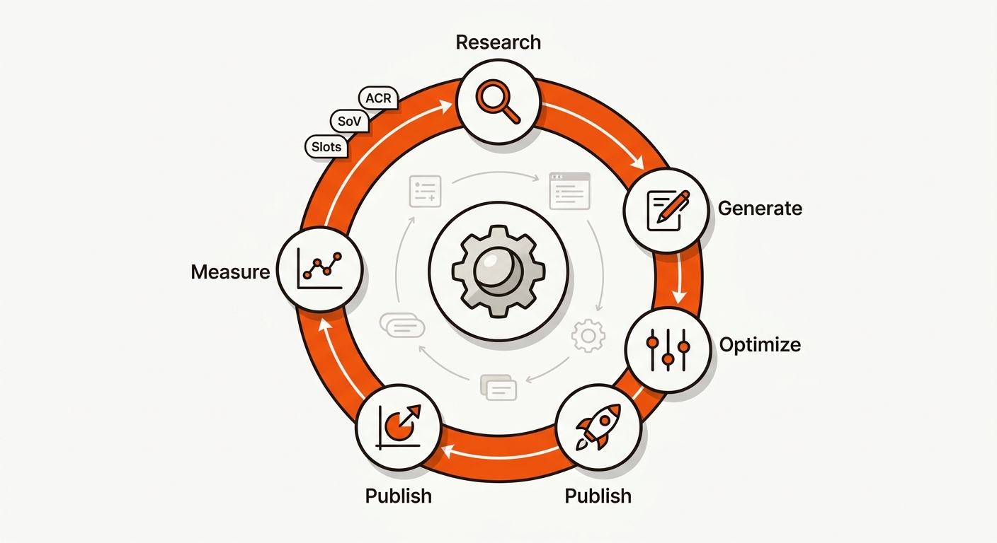A circular loop diagram shows Mergeflo’s autonomous SEO system—Research, Generate, Optimize, Publish, and Measure—around a central hub, with metric badges feeding insights back into the loop.