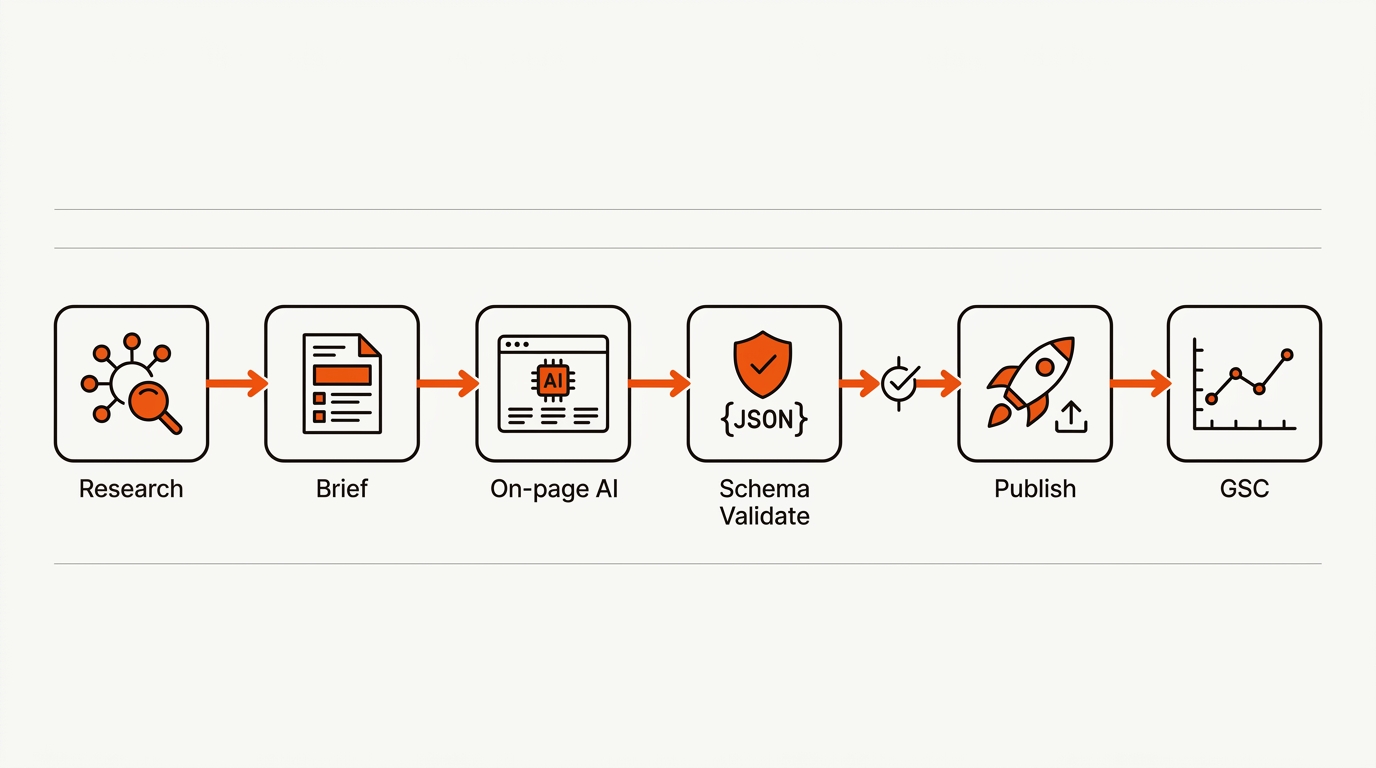 Minimalist vector swimlane showing a six-step AI SEO workflow: Research, Brief, On-page AI, Schema Validate, Publish, and GSC, linked by orange arrows on an off-white background.