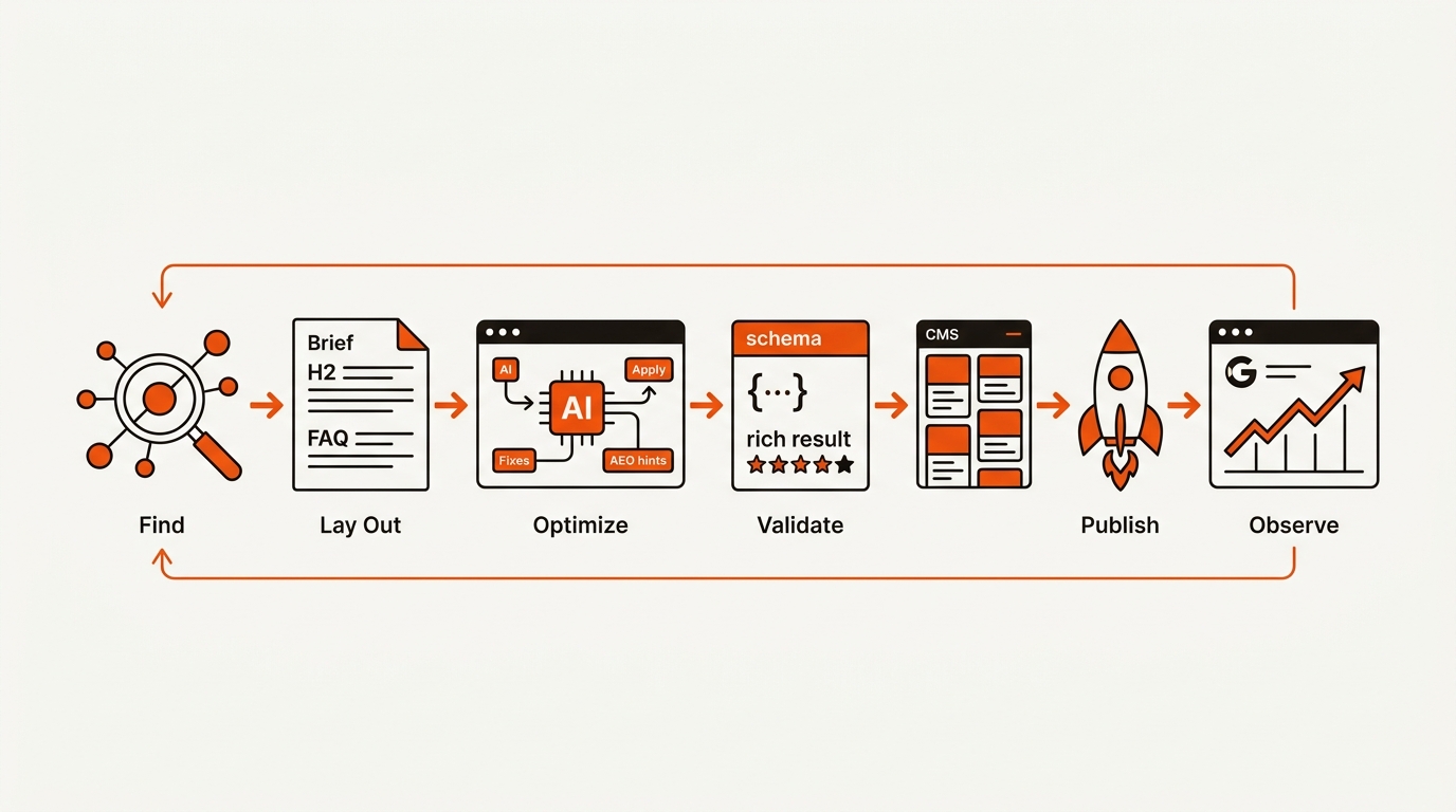 Minimalist vector hero diagram of an AI SEO pipeline: research, brief, on-page AI edits, schema validation, CMS publish, and GSC analytics connected by orange arrows on an off-white background.