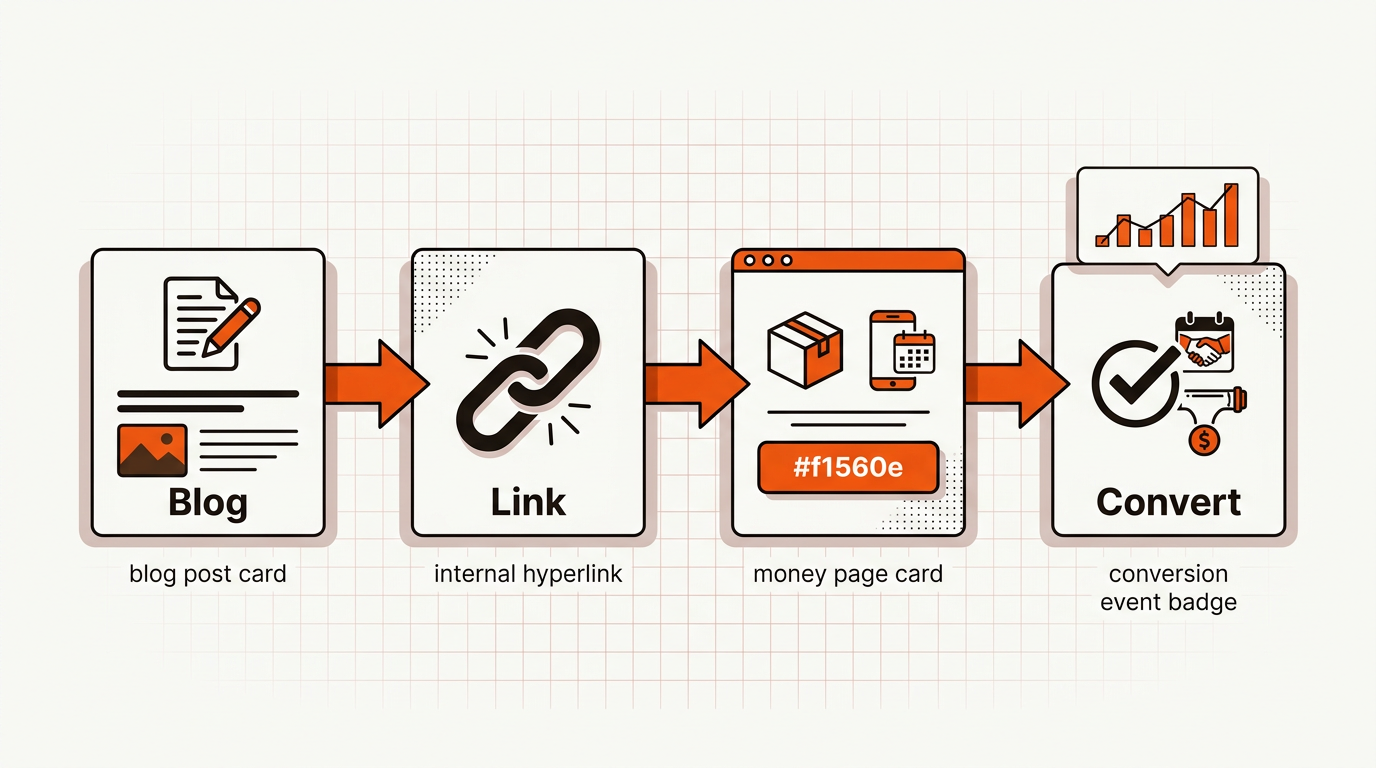 Left-to-right minimalist flowchart showing a blog post leading via an internal link to a money page and ending in a conversion event, highlighted by a checkmark and small analytics sparkline.