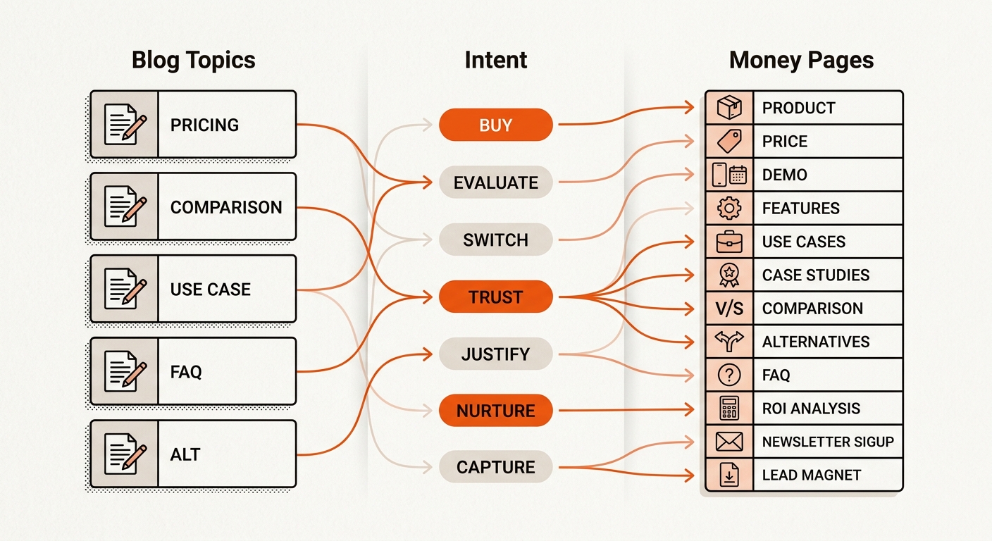 Stylized three-column mapping showing blog topic cards connected to intent chips and then to matching money-page destination cards with clear icons and guided arrows.