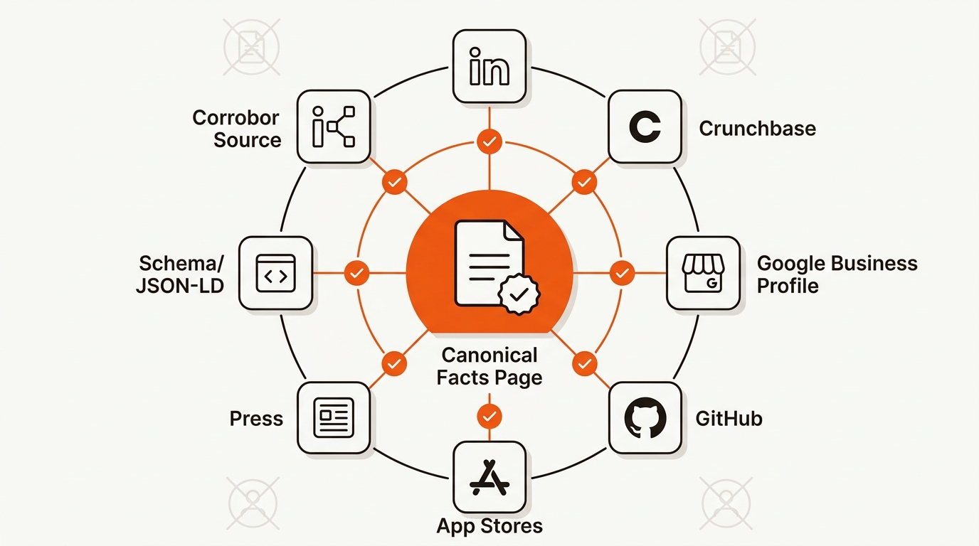 Minimalist vector hero image of a central canonical facts page connected by spokes to corroborating profiles and press sources, using orange (#f1560e) accents on a cream (#fafaf7) background with black (#181310) outlines.