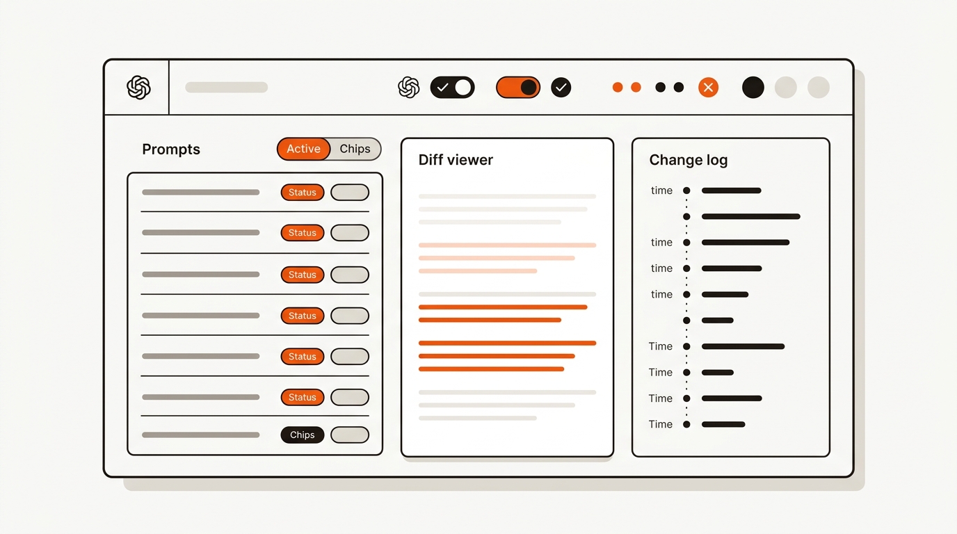 Minimalist vector UI panel showing an AI visibility dashboard with a list of prompts, highlighted before/after diffs, and a right-hand change log, using brand orange accents on a cream background with black outlines.
