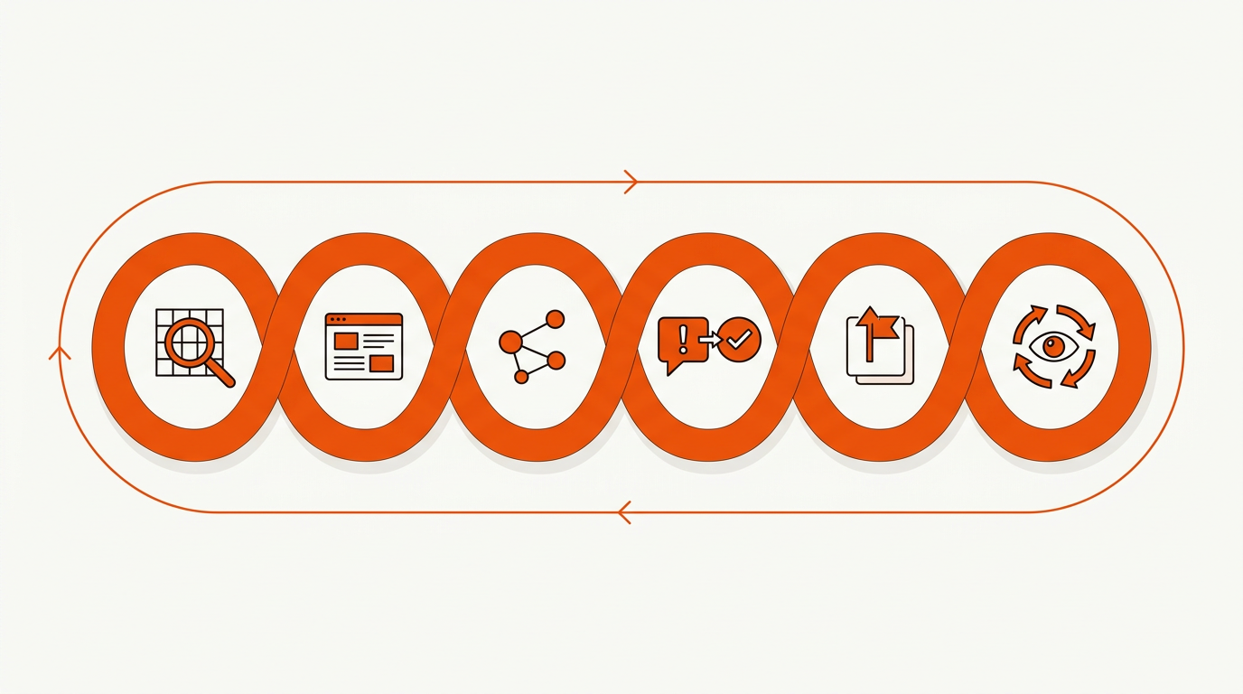 Minimalist vector flow diagram showing a six-step loop with icons for audit, publish, corroborate, address, escalate, and recheck, in orange and black on a cream background.