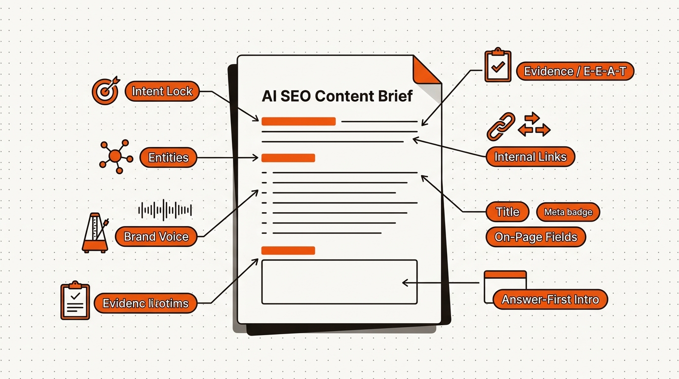 Hero illustration of an annotated AI SEO content brief with callouts for intent lock, entities, brand voice, evidence, internal links, on-page fields, and an answer-first intro.