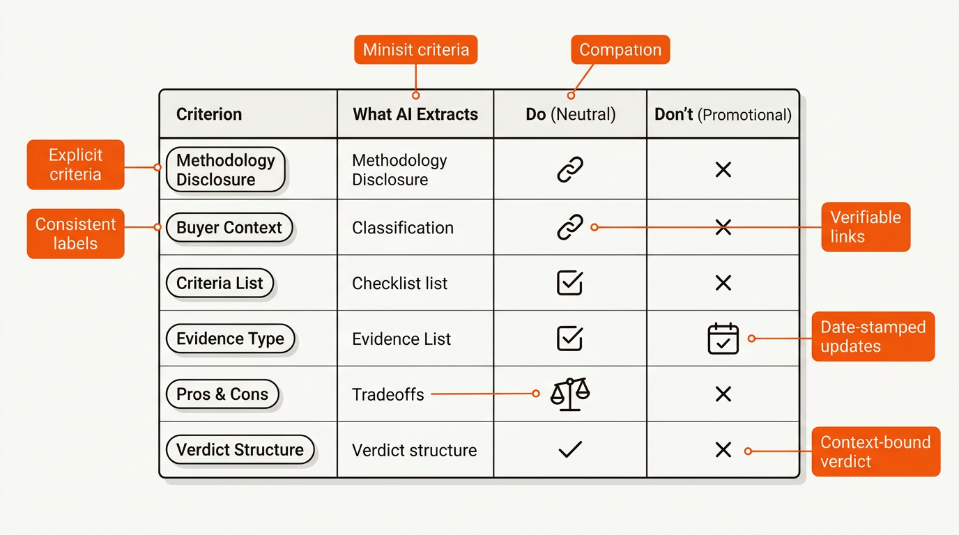 A clean vector table illustrating AI-extraction-friendly comparison criteria with labeled rows and orange callouts highlighting explicit criteria, consistent labels, verifiable links, timestamps, and a context-bound verdict on an off-white background.