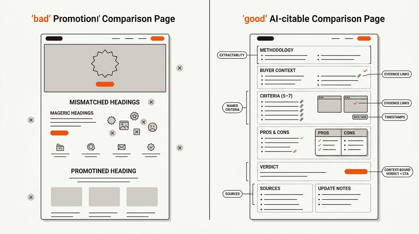 Side-by-side diagram showing a messy, promotional comparison page on the left and a clean, structured, AI-citable comparison page on the right with labeled sections—Methodology, Buyer Context, Criteria, Pros & Cons, Verdict, Sources, and Update Notes—highlighted with orange callouts on an off-white background.
