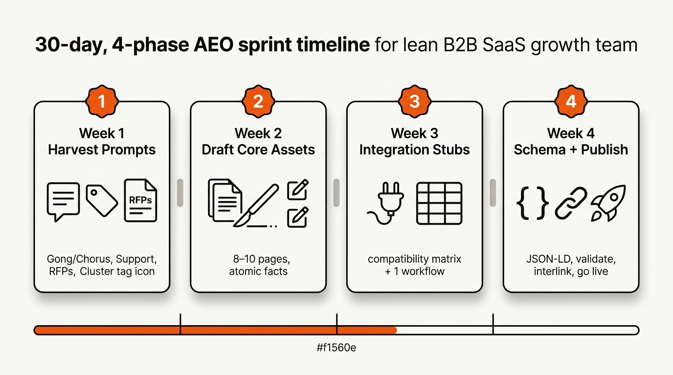 Four-step minimalist vector timeline for a 30-day AEO sprint: prompt harvesting, drafting core assets, integration stubs, and schema plus publish, using orange accents on an off-white background.