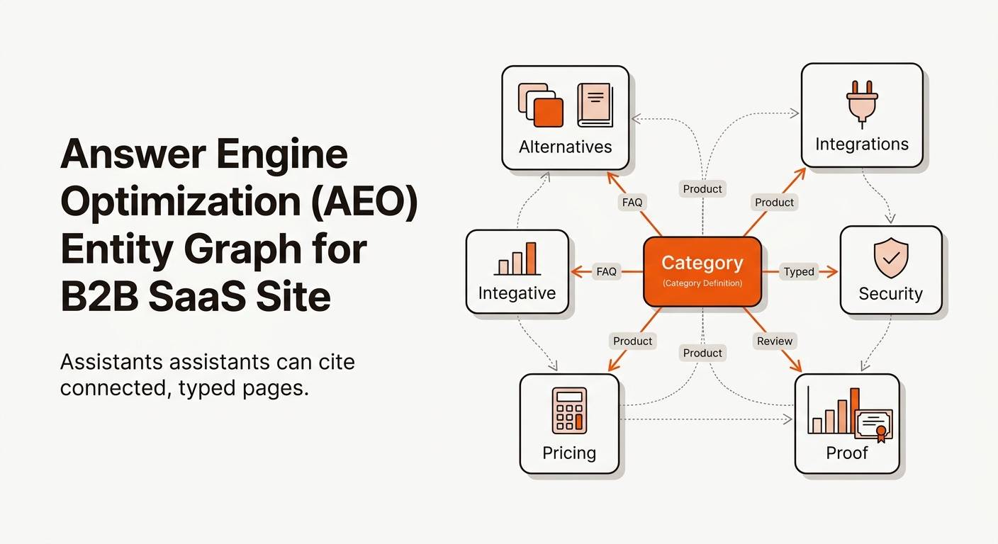 Minimalist vector hero of an AEO entity graph: a central Category node linked to Alternatives, Integrations, Security, Pricing, and Proof with labeled, orange-accented connections on an off-white background.