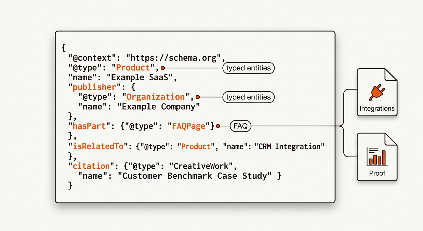 Vector code card with JSON-LD showing Product, FAQ, and Organization schema, with callouts linking to Integration and Proof pages, in orange and black on an off-white background.