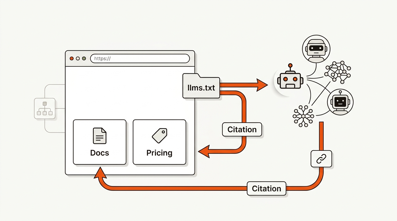 Minimalist vector diagram of a website with an llms.txt file sending guidance to LLM crawlers, which then loop citations back to the site’s Docs and Pricing pages.