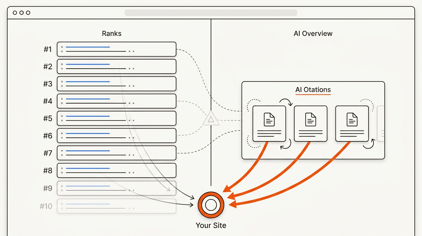 Minimalist split-screen vector diagram contrasting classic SERP ranks with an AI Overview panel of citation tiles and bold orange referral arrows converging on a central site node.