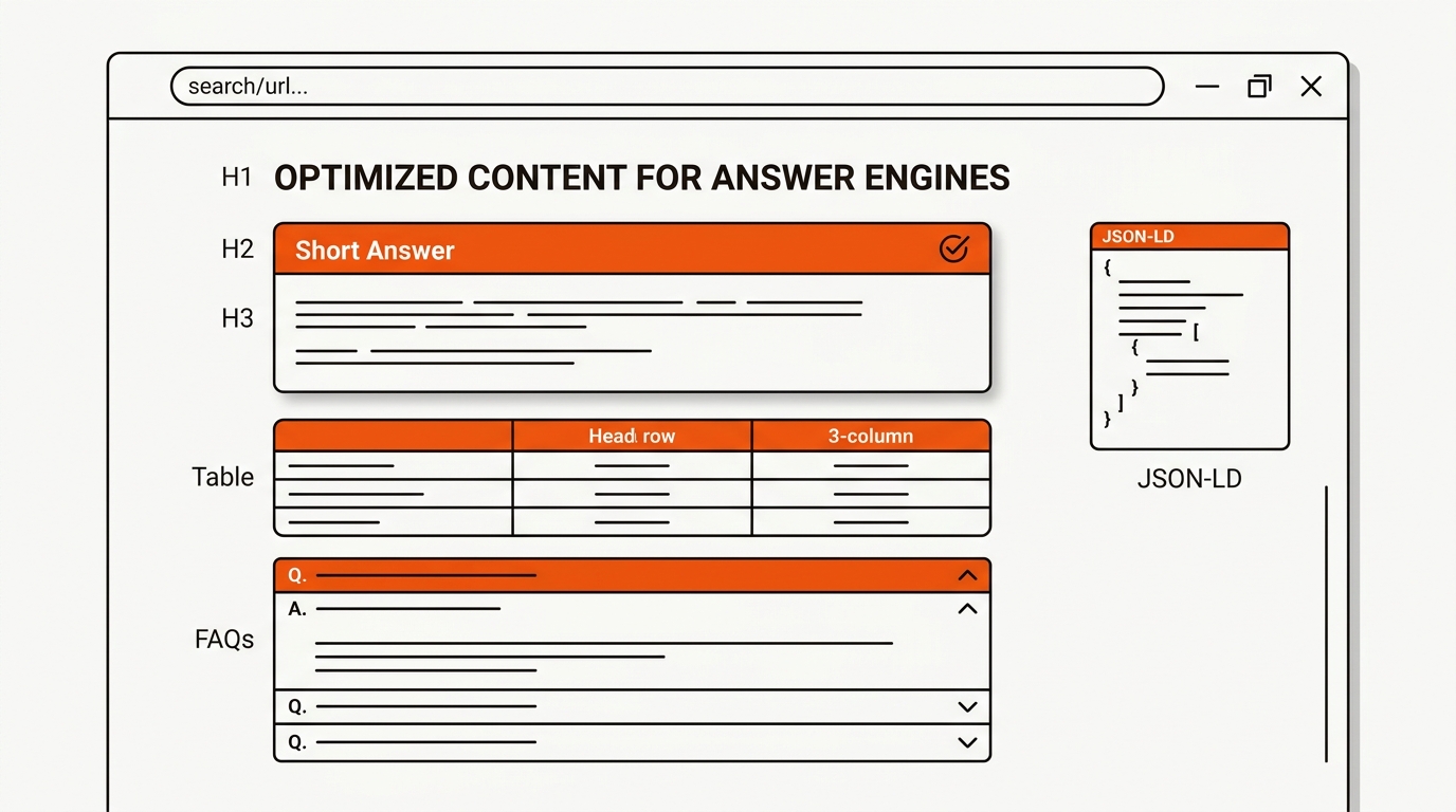 Minimalist vector mock of an AEO-optimized web page showing a highlighted Short Answer box, a three-column comparison table, a list of FAQs with one expanded, and a right-rail JSON-LD code panel, using black ink lines with orange accents on an off-white background.