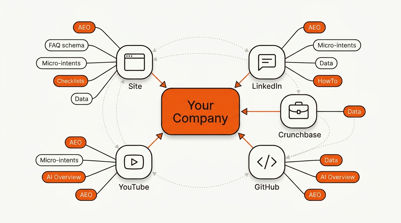 Minimalist vector entity graph with a central “Your Company” node connected to Site, LinkedIn, Crunchbase, GitHub, and YouTube nodes, each branching to pill-shaped topic tags like AEO, FAQ schema, Micro-intents, and Data, in a black ink outline with orange accents on an off-white background.