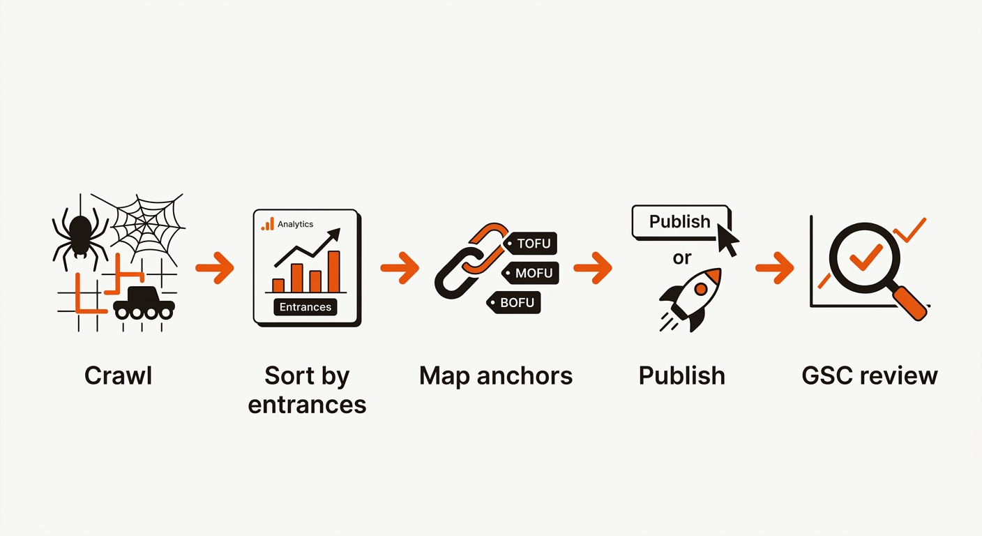 Vector flowchart showing five steps: Crawl, Sort by entrances, Map anchors, Publish, and GSC review, linked by bold orange arrows on a clean off-white background.