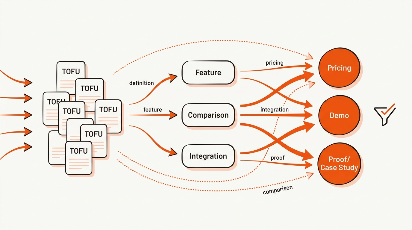 Featured vector diagram of internal linking flow from TOFU blog posts through MOFU nodes to BOFU targets like Pricing, Demo, and Proof, with bold orange arrows guiding the path.