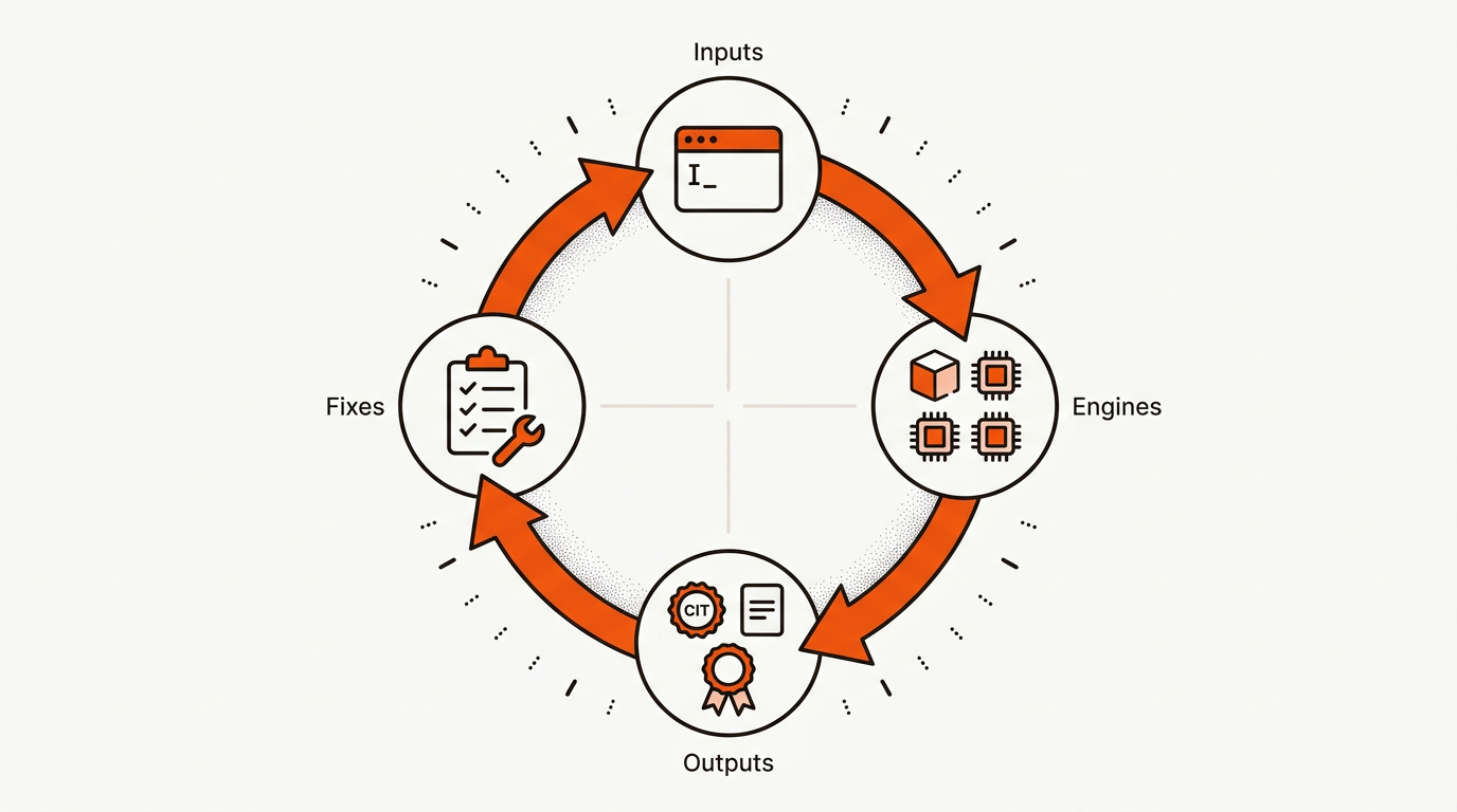 Minimalist vector loop diagram showing a weekly LLM probe cycle with inputs, engines, outputs, and fixes connected in a circle using brand orange and black on an off-white background.