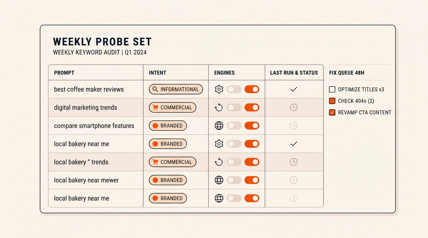 Minimal vector UI table of a weekly LLM prompt set with per-engine toggles and a small 48-hour fix queue, using brand orange accents on an off-white canvas.