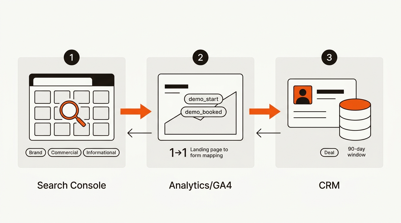 Minimalist vector data flow from search console to analytics to CRM with orange arrows, showing query class tags, demo_start and demo_booked events, and landing page to form mapping on an off‑white background.