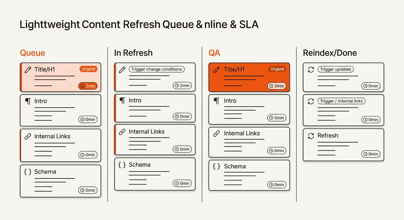 Minimalist vector Kanban board showing an SEO refresh queue with trigger chips and SLA timers, accented in brand orange on an off-white background.
