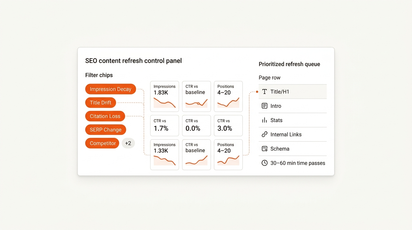 Minimalist vector dashboard showing SEO decay triggers and a refresh task queue, with orange alert chips and clean sparklines, in a limited brand palette.