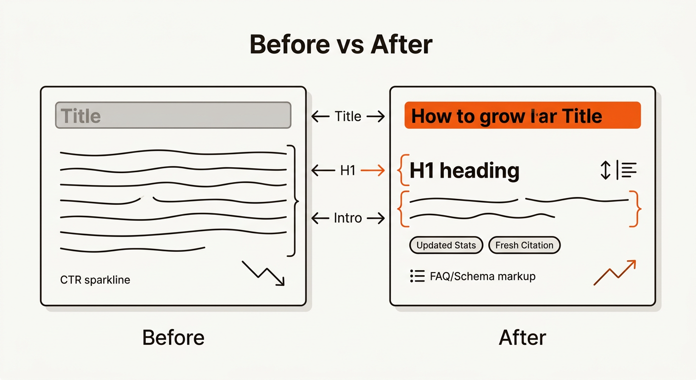 Split-screen vector of a blog header before-and-after: dull title and intro on the left, improved title/H1 and intro with orange highlights and an upward sparkline on the right.