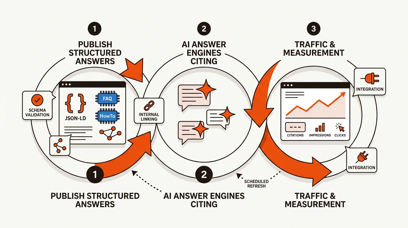 Circular AEO diagram showing a loop from publishing structured pages to AI engines citing them to traffic and measurement, then back to publish for the next cycle.
