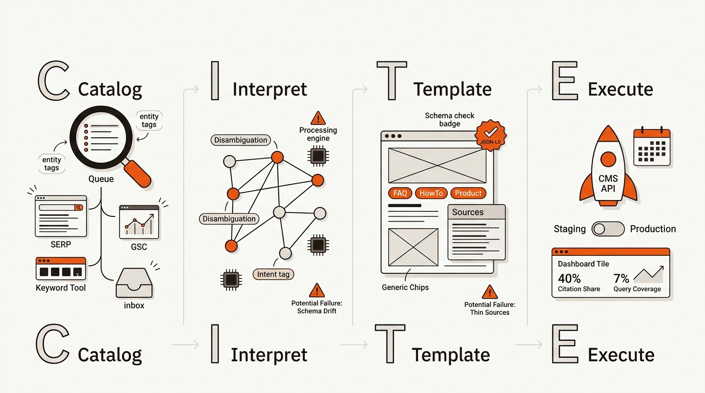 Four-stage CITE-OPS flow, Catalog, Interpret, Template, Execute, mapped to features like entity mapping, schema-ready templates, CMS publishing, and citation monitoring, with minimal icons and brand colors.