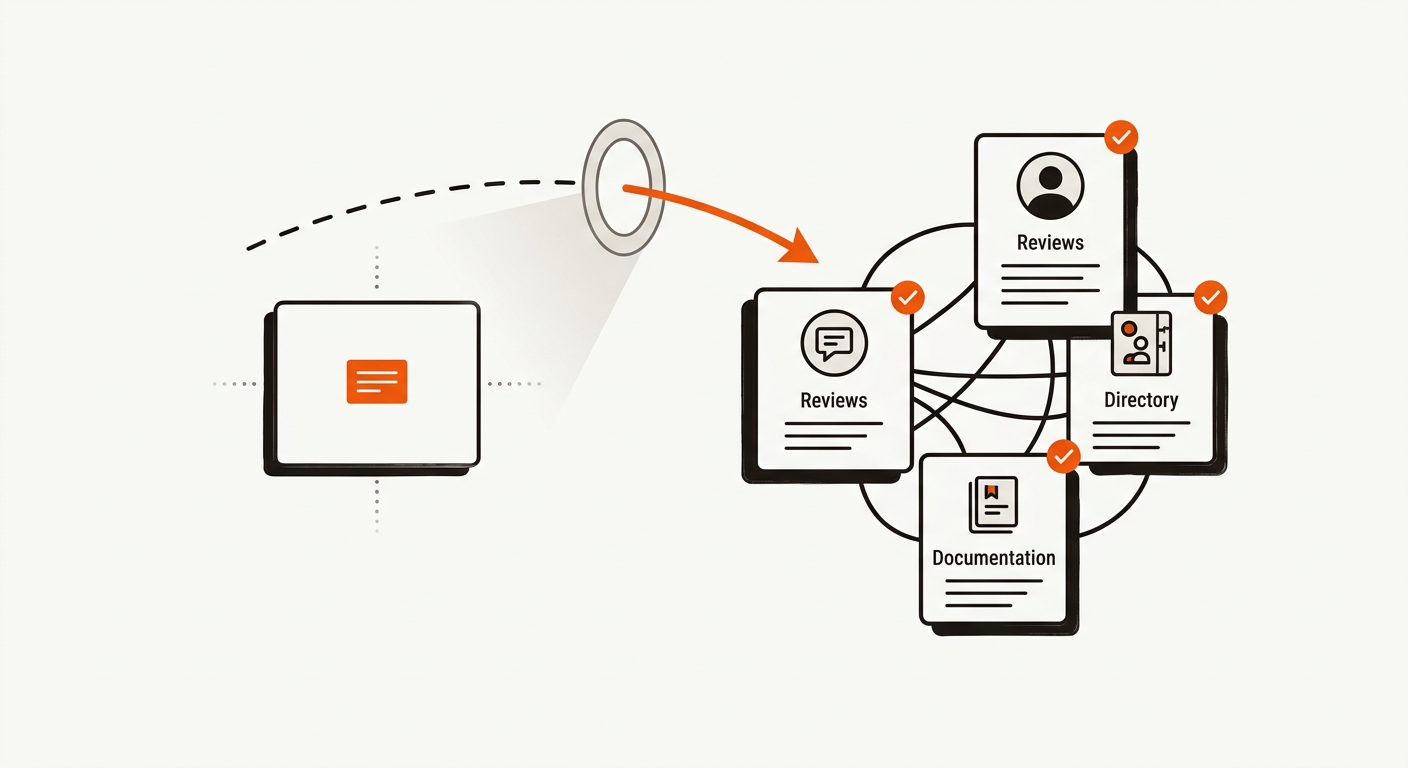 Minimalist vector showing an AI focus skipping a lone website card and locking onto a connected cluster of authoritative profiles, illustrating why ChatGPT omits brands without corroboration.