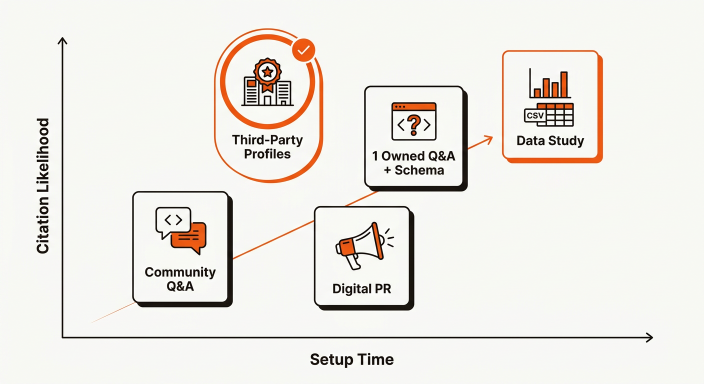 Minimalist vector infographic plotting five approaches on a ‘Setup Time vs. Citation Likelihood’ chart, with Q&A pages and third‑party profiles emphasized as high‑likelihood options.
